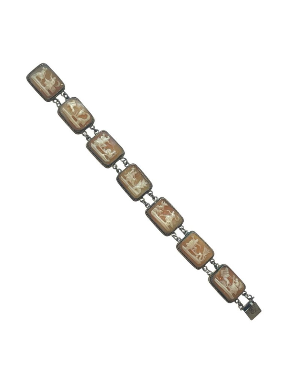 Vintage Italian Silver & Carved Natural Shell Days of the Week Cameo Bracelet